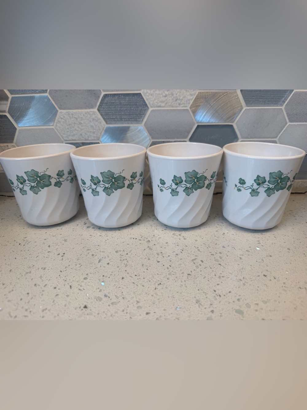 VTG Corningware White Ceramic Cups with Green Ivy Pattern - Set of 4